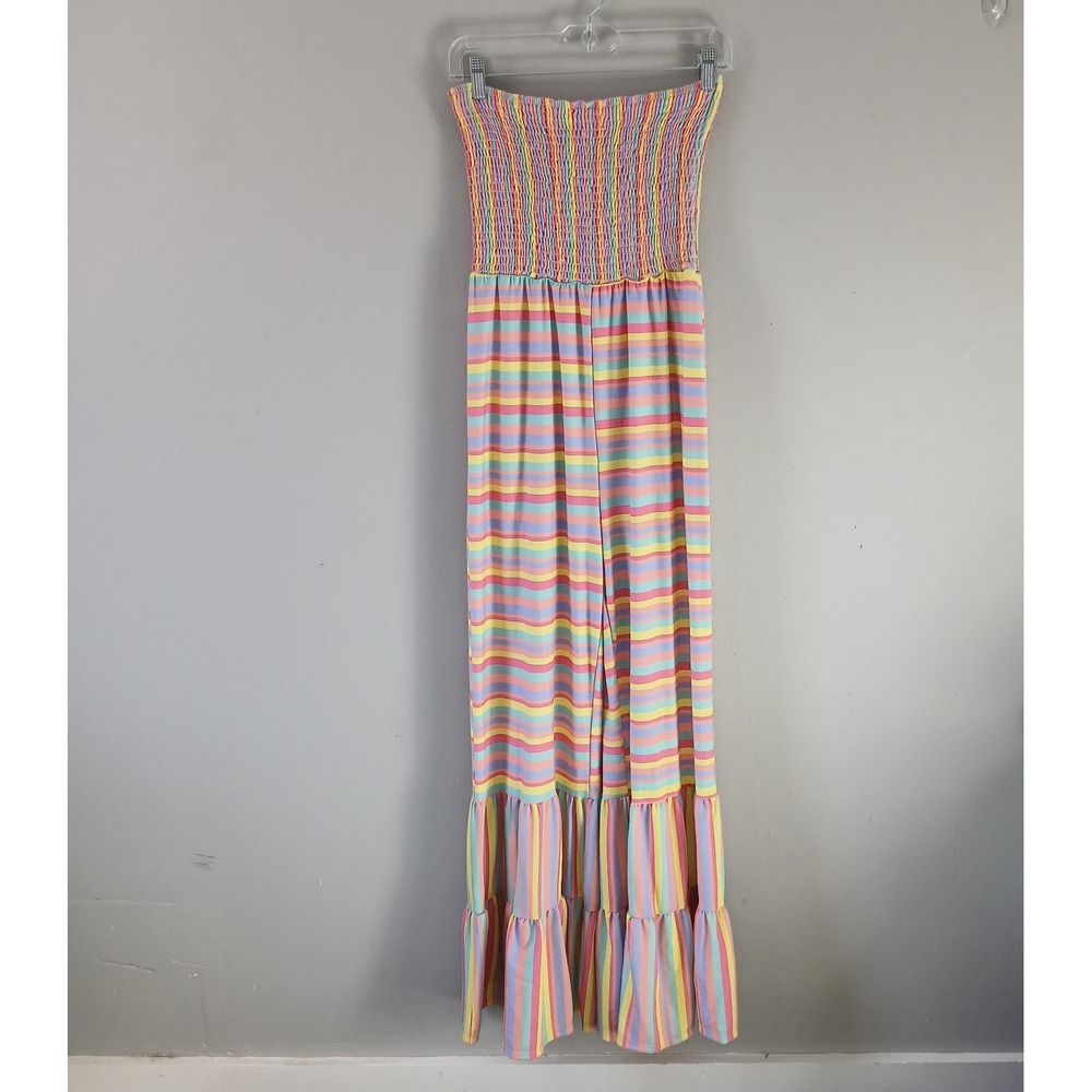 Fantastic Fawn Women's Size Large Striped Ruffle Wide Leg Jumpsuit‎ Colorful